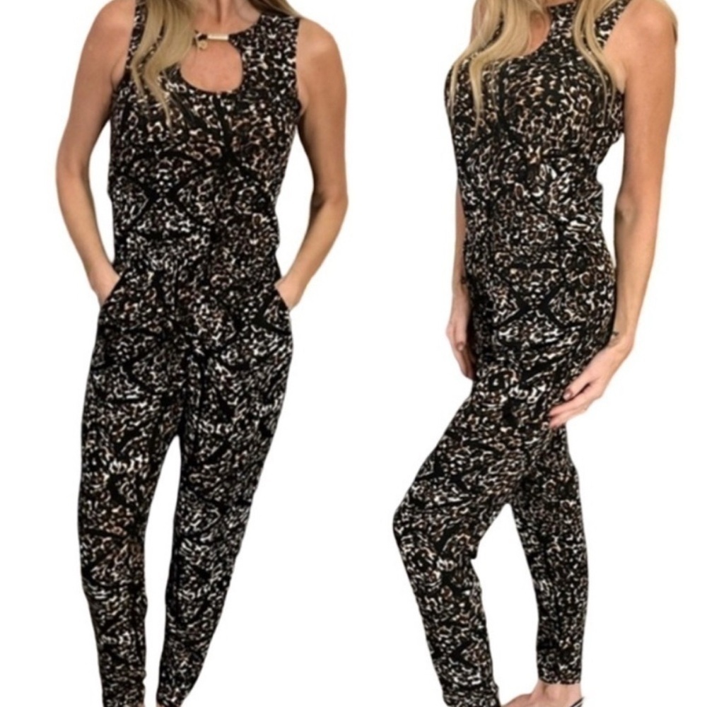 Kardashian Kollection Black and Brown Animal Print Jumpsuit Sz XS